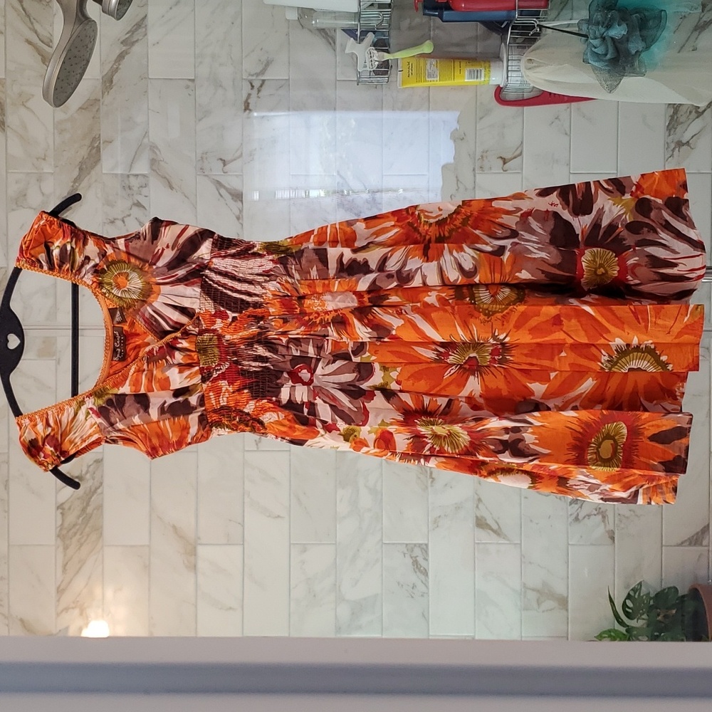 Orange Cap Sleeved, Cotton Flowery A-line Dress